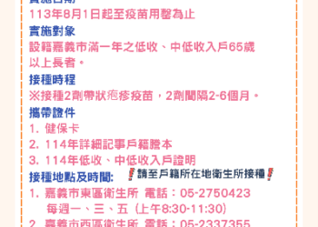 嘉市持續補助65歲以上中低收、低收入戶弱勢長者施打帶狀疱疹疫苗